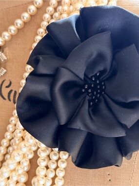 Black Satin Flower Brooch - Elegant Floral Accessory